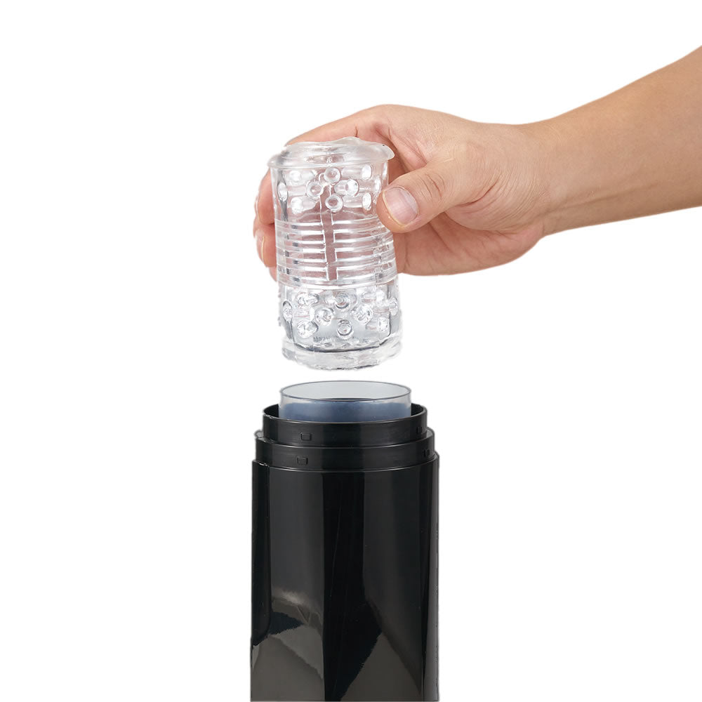 Hand-free thrusting rotating masturbator with suction cup